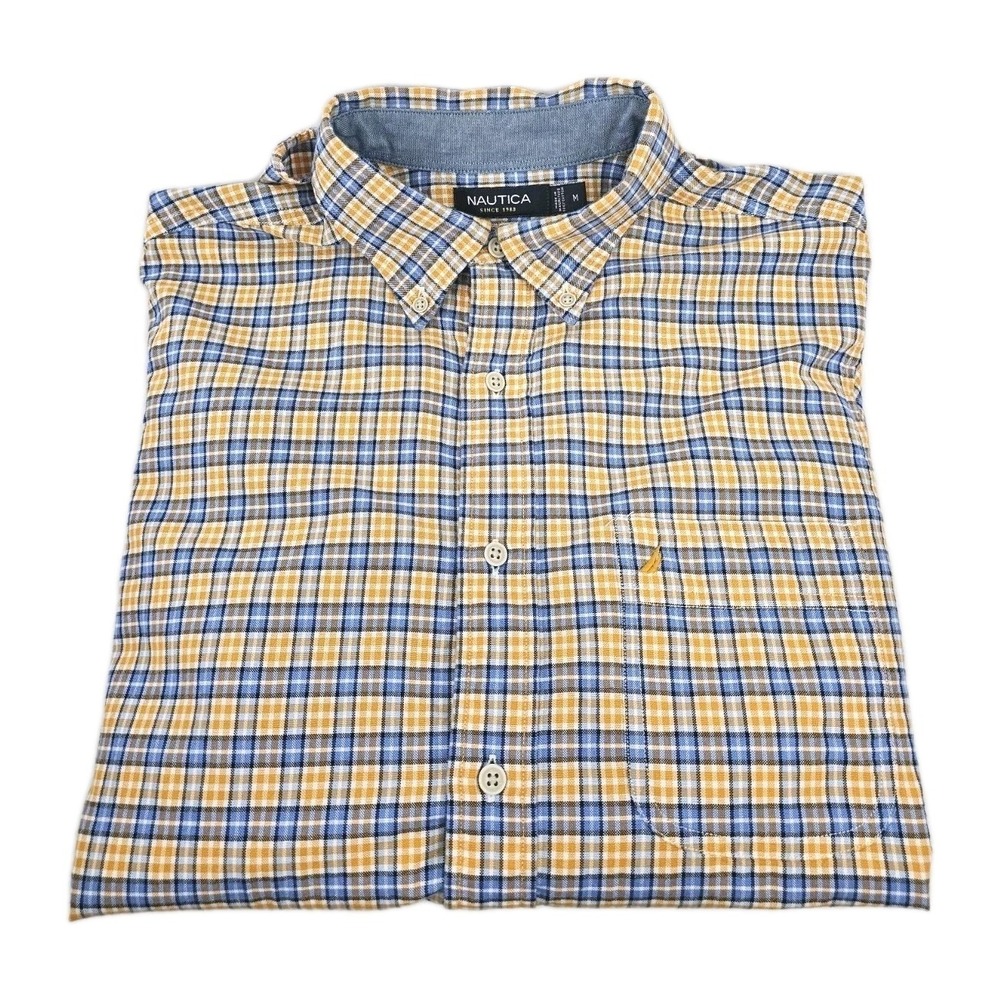 Nautica Classic Fit Mens M Orange Blue Plaid Button Up Long Sleeve Dress Shirt - Picture 4 of 7